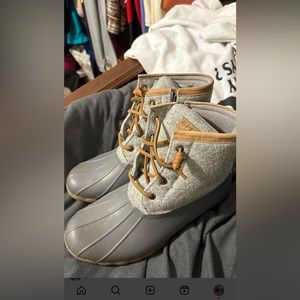 White gray and dark gray Sperry boots